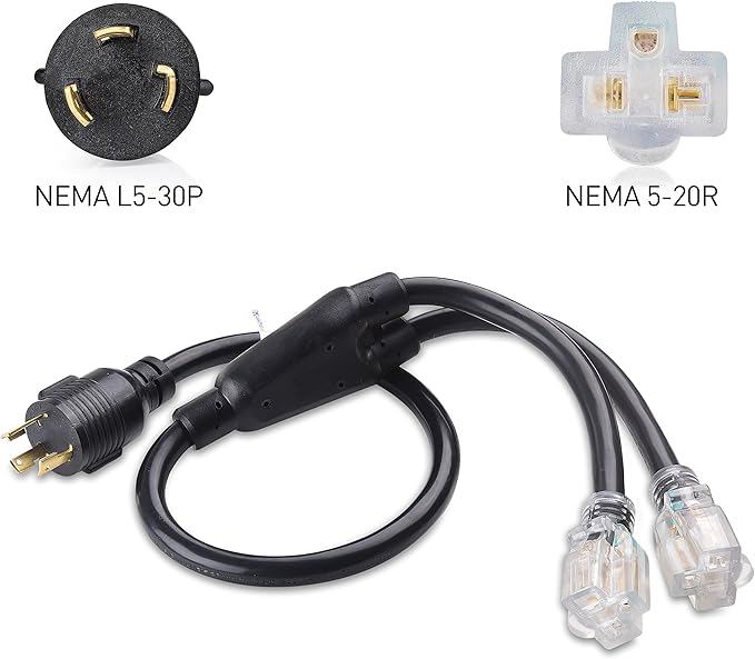 Cable Matters LED-Lit 3 Prong 30 Amp to 15 Amp Adapter for Generator (30A to 110 Adapter Splitter) 3 Feet - NEMA L5-30P to 2X 5-20R