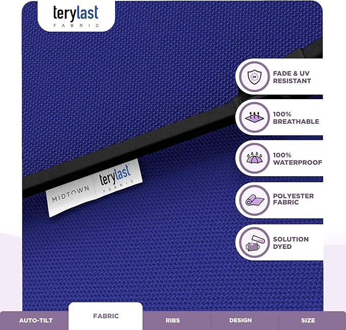 Midtown Umbrellas - 10-Year-No-Fade 8 Ft Patio Umbrella with Terylast Fabric, Auto-Tilt Aluminum Frame and 8 Reinforced Ribs for Deck, Pool, Garden & Beach - Royal Blue Canopy, Black Pole