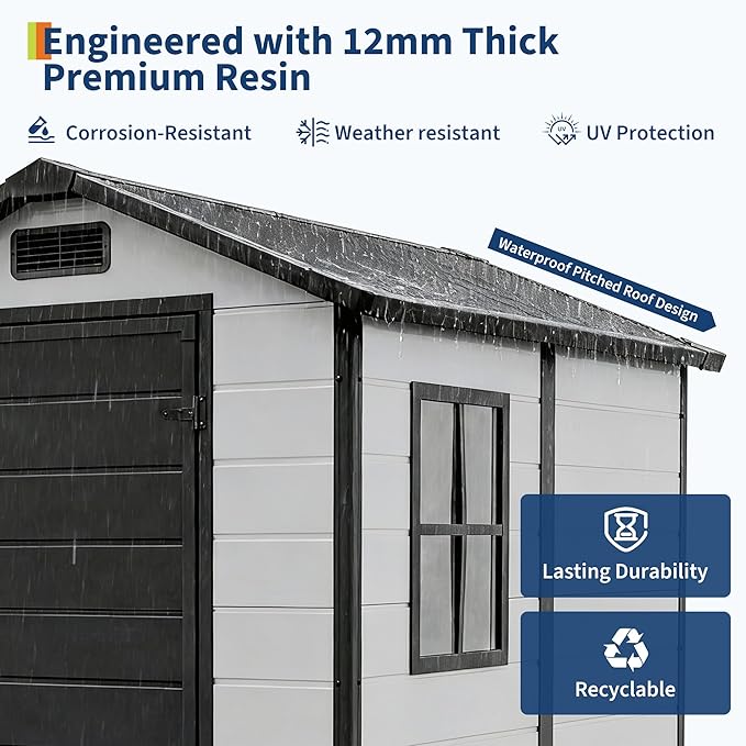 Resin Outdoor Storage Sheds 4x6 ft, Upgraded Double-Wall Outdoor Plastic Shed with Window & Double Doors, Waterproof Lockable Garden Shed (Grayish White + Black, 4 X 6 ft)