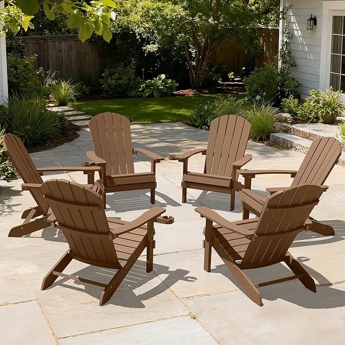 YEFU Adirondack Chairs Set of 6: Outdoor Chair HIPS Plastic Adirondack Chairs - Patio Chairs with Wood Texture - Lawn Fire Pit Deck Porch Garden Chairs for Adults (Teak)