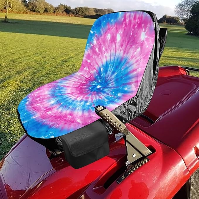 Tie Dye Tractor Seat Cover with Drink Pouch Waterproof Lawn Mower Seat Cover Protector with Side Pockets Compatible with Craftsman Cub Cadet Kubota