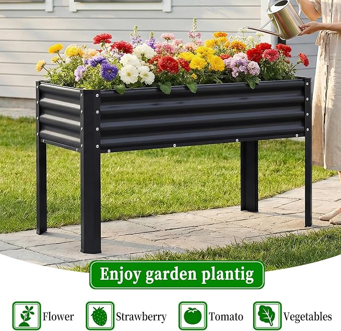 2Pcs Galvanized Raised Garden Bed with Legs, 43×24×32in Large Metal Elevated Raised Planter Box with Drainage Holes for Backyard, Patio, Balcony, 400lb Capacity,Black