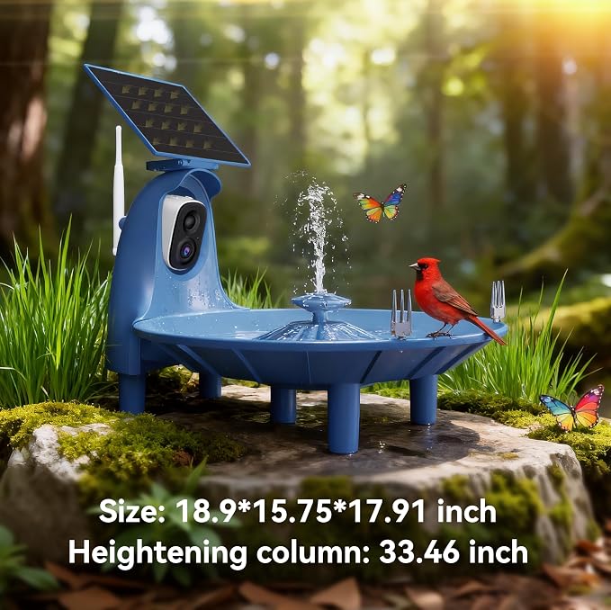 LongPlus Solar Powered Bird Bath Fountain with 2K Camera, Color Night Vision & AI Bird Identification, Outdoor Birdbath with Camera – Gift for Nature Lovers, Parents & Friends