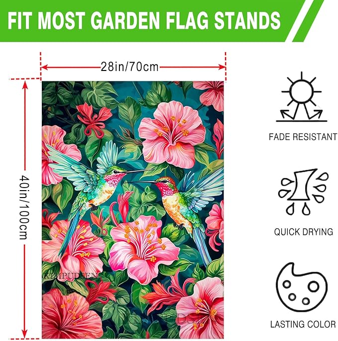 Spring Summer House Flag 28 x 40 Inch Double Sided, Colorful Hummingbird Floral Garden Flag Large Outdoor Seasonal Flags for Garden Patio Lawn Decor