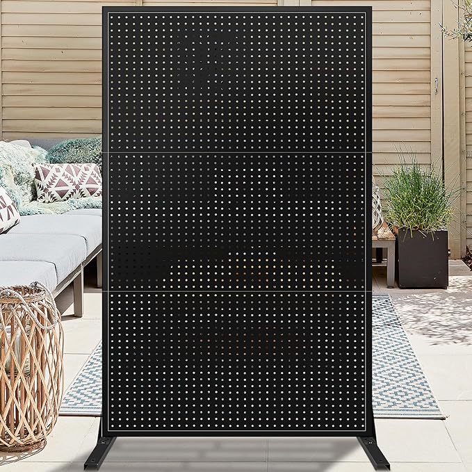 PROLEE Metal Privacy Screen Outdoor 6 x 3.7 Ft, Decorative Fence for Patio Screen Freestanding, Outdoor Privacy Panels with Stable Heavy Base for Deck, Porch and Balcony (Black)