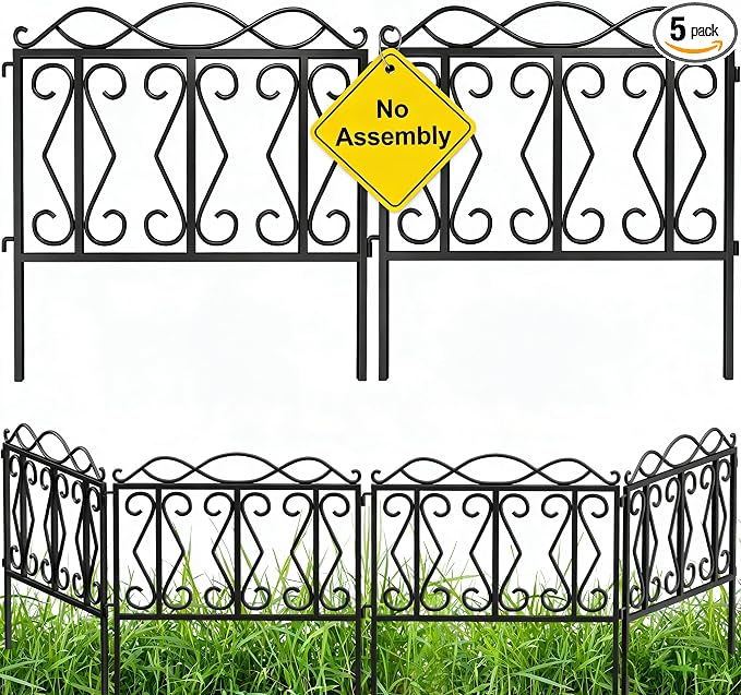 AMAGABELI 5 Panels 24in(H)×10ft(L) Decorative Garden Fences and Borders for Dogs No Dig Rustproof Metal Fence Panels Garden Fence Edging Border Animal Barrier Fencing Black