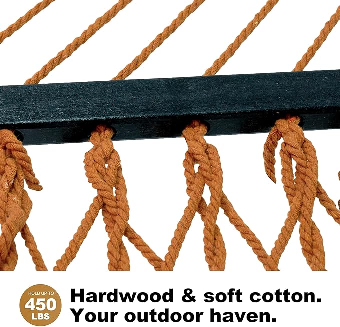 GAFETE Single Rope Hammocks for Outside, Traditional Hand Woven Cotton Hammock with Hardwood Spreader Bar, Max 450 lbs Capacity (Coffee Brown, Small)