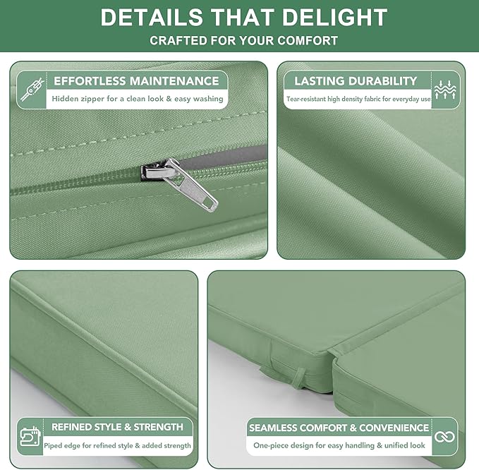 Summsun Patio Dining Chair Cushions, High Back Outdoor Seat Cushion Set with Splash-Proof Removable Covers, Ties, Non-Slip Bottom for Garden Lawn Patio Furniture, 44 x 20 Inch, Sage Green