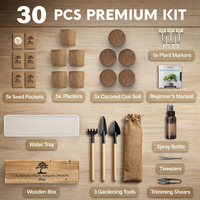 AVERGO Bonsai Tree Kit Deluxe - 5X Unique Japanese Bonzai Trees | Complete Indoor Bonsai Starter Kits for Growing Trees – DIY Gardening Gifts for Mother, Women & Men