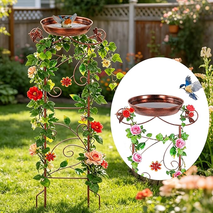 Metal Bird Bath for Outside 40.5" Garden Trellis BirdBath with Hummingbird Decor Small Garden Plant Support Freestanding BirdBath Birdfeeder for Yard, Patio, Garden Decor