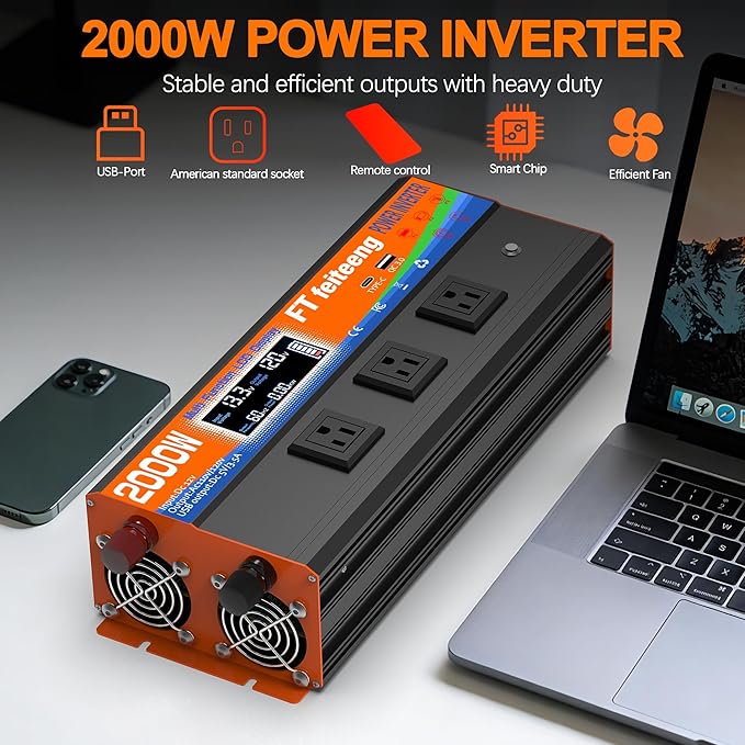 2000W Power Inverter 12v DC to 110v 120v AC with Remote 3 AC Outlets, USB Port, Dual Smart Fans, Cables Included LCD Display for Vehicle for RV Truck Camping & Home Emergency Use