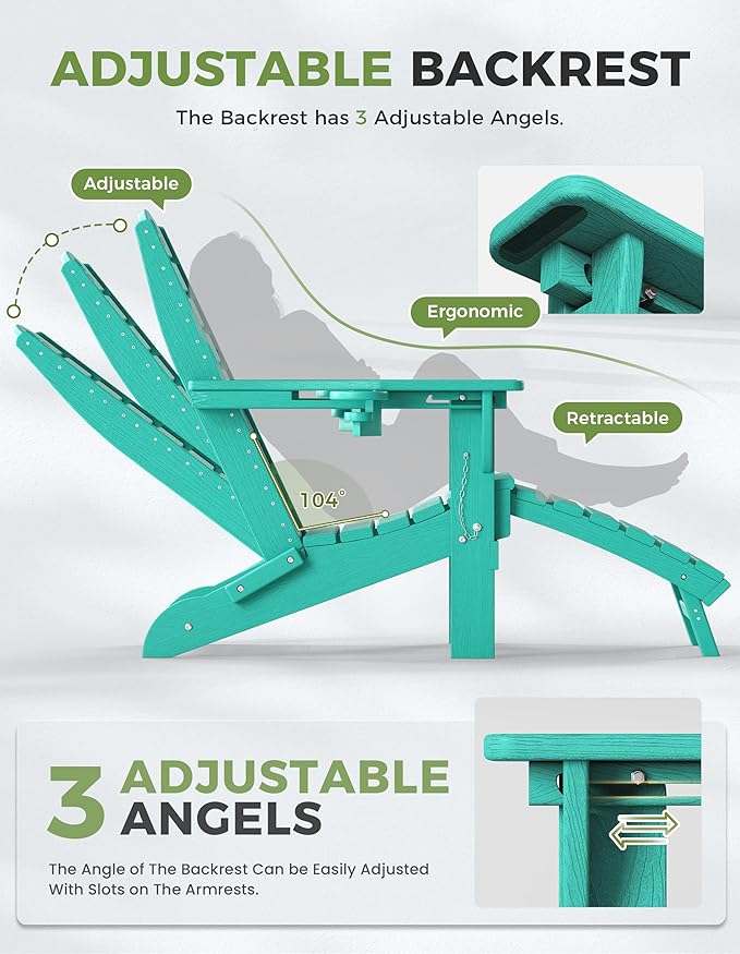Ciokea Folding Adirondack Chair Set of 6 with Retractable Ottoman Fire Pit Patio Chair with Pull Out Foot Rest Weather Resistant Lawn Outdoor Chair with 2 Cup Holder (Lake Blue)