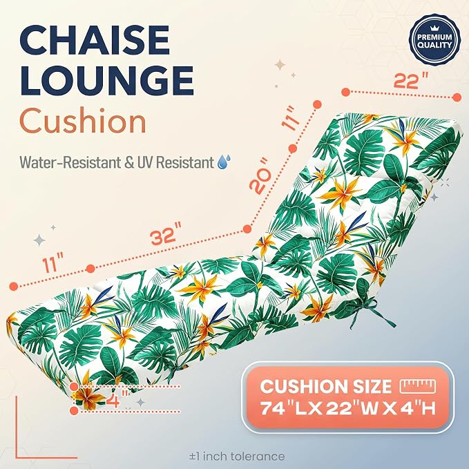 MAGIC ELEPHANT Chaise Lounge Cushion Outdoor, Memory Foam Patio Lounge Chair Cushion with Ties for Outdoor Furniture, 74 x 22 x 4 Inch (Tropical Monstera)
