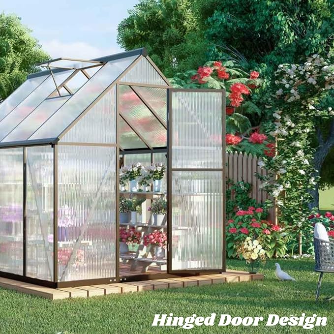 6 x 4 FT Greenhouse for Outdoors, Polycarbonate Greenhouse with Quick Setup Structure and Roof Vent, Aluminum Large Walk-in Green House for Outside Garden Backyard, Dark Gray