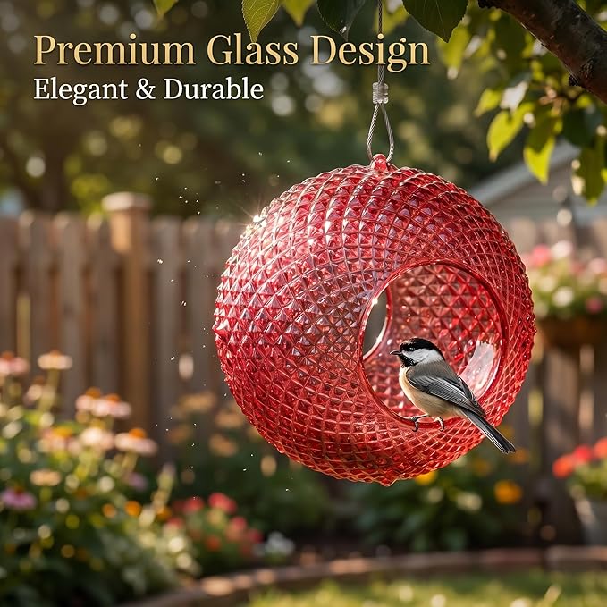 Topadorn Wild Bird Feeder Fly Through Garden Hanging Bird Feeder Mosaic Circle Squirrel Proof for Outdoor Decoration, Red