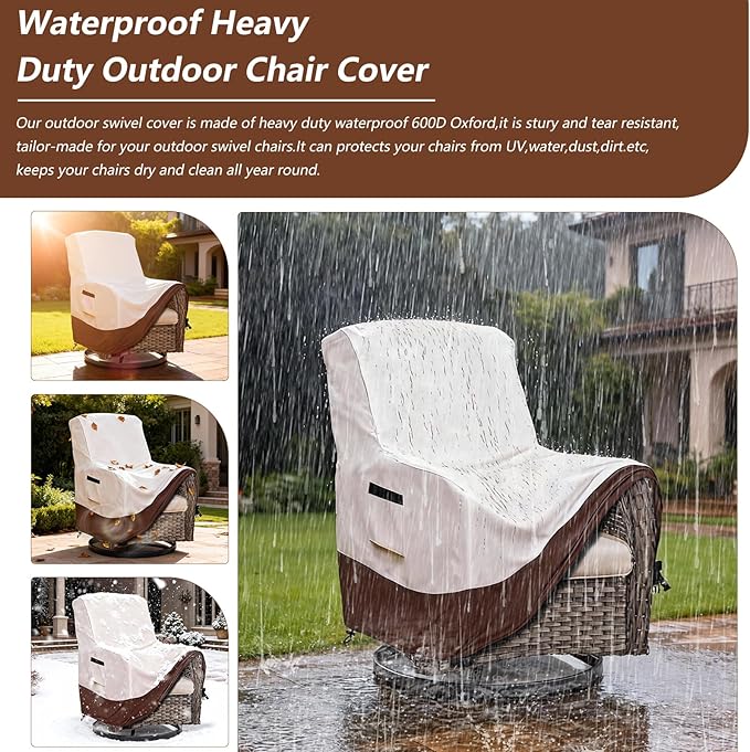 Waterproof Outdoor Swivel Chair Cover,600D Heavy Duty Waterproof Patio Chair Covers,Outdoor Furniture Covers for Lawn/Garden Swivel Chiar,(32" W x 32" D x 36",Beige&Brown)