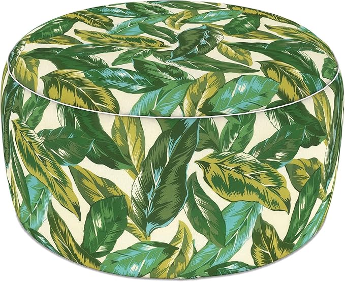LVTXIII Indoor/Outdoor Large Inflatable Ottoman Pouf D31 x H14 Inch, Round Footstool with Handle, Weather-Resistant Portable Furniture for Patio, Camping, Beach, Lush Leaf Jungle
