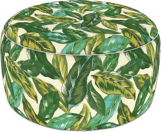 LVTXIII Indoor/Outdoor Large Inflatable Ottoman Pouf D31 x H14 Inch, Round Footstool with Handle, Weather-Resistant Portable Furniture for Patio, Camping, Beach, Lush Leaf Jungle