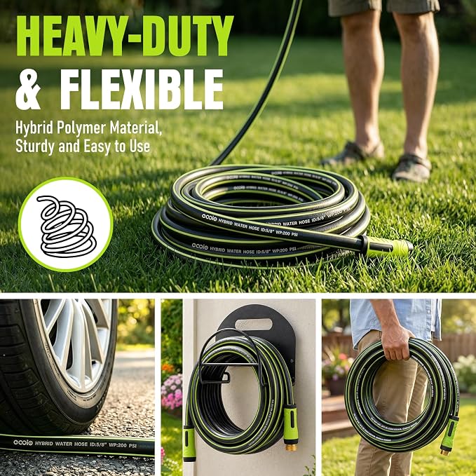Garden Hose 25ft x 5/8", Heavy Duty Water Hose, Flexible and Durable, Kink Resistant Lightweight Hybrid Hose, Leakproof Yard Hose with Male to Female Fittings