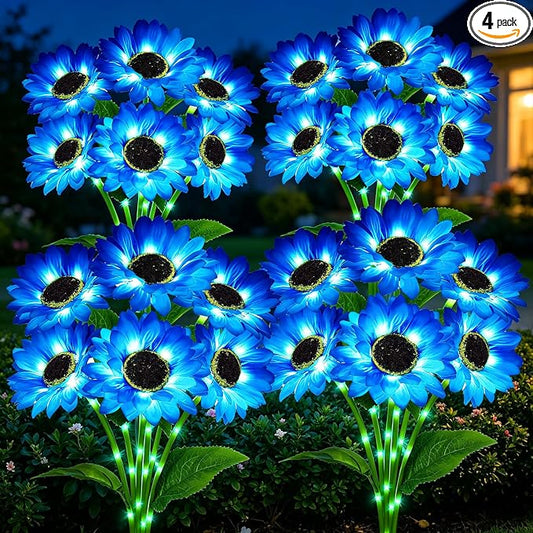 Solar Garden Lights Outdoor, 4 Pack Blue Sunflower Lights with 24 Sunflower, Waterproof 60 Led Garden Fall Decor, Gifts for Mom Grandma, Decorative Solar Flowers for Pathway Patio Yard Decoration