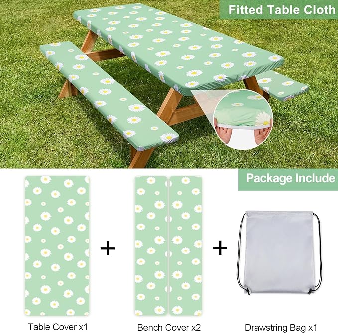 Play Tailor Picnic Table Cover with Bench Covers Camping Essentials Waterproof Windproof Camping Tablecloth with Drawstring Bag, Fitted Rectangle Tables and Seats, 72in, Green White