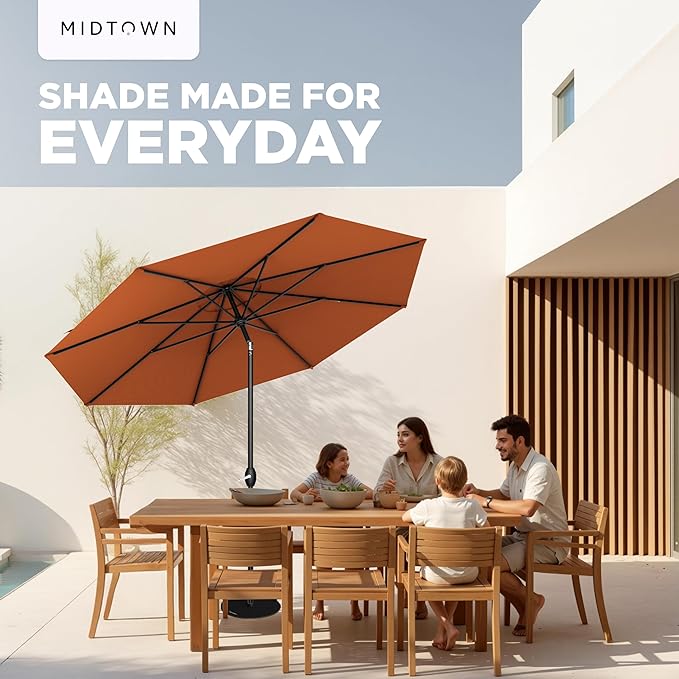 Midtown Umbrellas - 10-Year-No-Fade 9 Ft Patio Umbrella with Terylast Fabric, Auto-Tilt Aluminum Frame and 8 Reinforced Ribs for Deck, Pool, Garden & Beach - Dark Orange Canopy, Black Pole