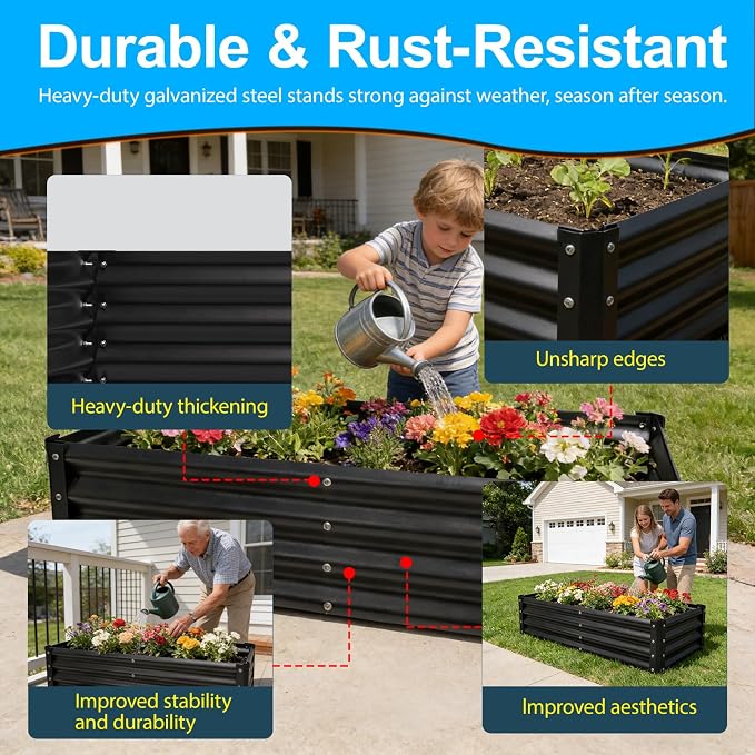Raised Garden Bed 2 Pack 6x3x1FT, Premium Galvanized Raised Garden Bed, Large Raised Garden Beds Outdoor for Deep-Rooted Vegetables, Flowers, Green and Herbs, Black
