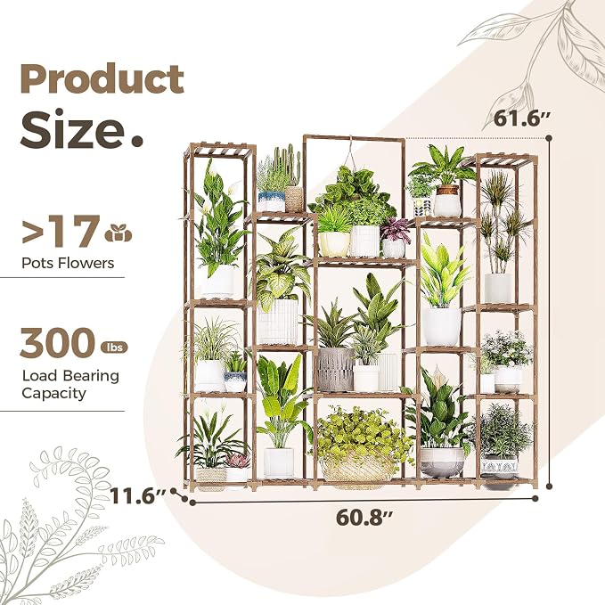Bamworld Plant Shelf Indoor Hanging Plant Stand Outdoor Large Plant Shelves Tall Flower Holder wooden plant stand for Multiple Plants Plant Rack for Living Room Balcony Decor Garden Clearance Deals 17 Pots Plant Table