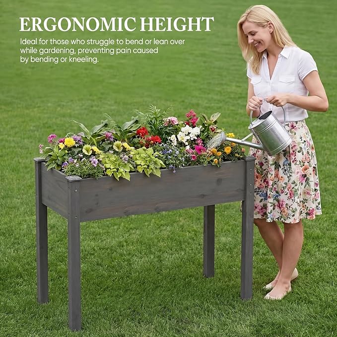DUMOS Raised Garden Bed with Legs, 48x24x30 Inch Planter Box Outdoor with Liner for Herbs Flowers Vegetables, Elevated Wooden Garden Bed for Patio, Balcony and Backyard, Grey