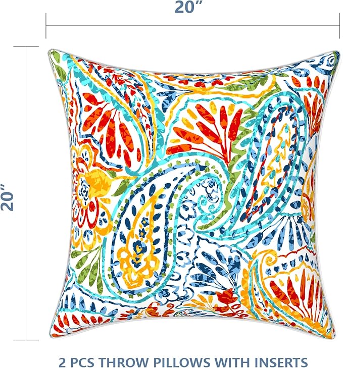 LVTXIII Outdoor Throw Pillows 20x20 Patio Waterproof Square Pillows with Piping Fade Resistant Accent Pillow for Spring Summer Garden Decoration, Set of 2, Paisley Multi