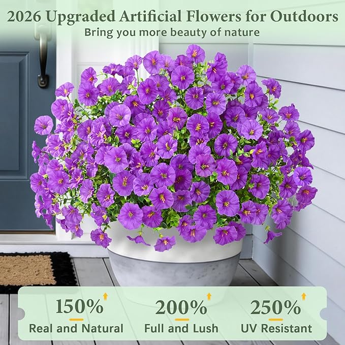 Yastouay Artificial Flowers for Outdoors, 26 Bundles Fake Outdoor Flowers, UV Resistant Artificial Plants & Flowers for Decoration, Purple Realistic Morning Glory for Outdoor Porch Garden Decoration