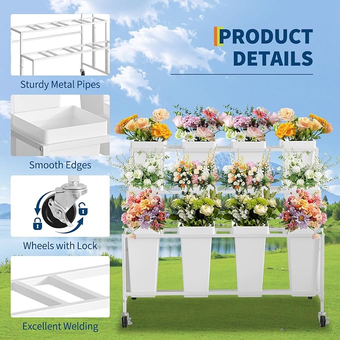 PeakPursuit 3-Tier Metal Flower Display Stand with 12 Square Plastic Removable Buckets and Wheels,Flower Display Cart for Indoor and Outdoor Use, White