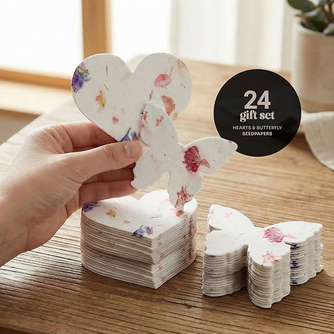 Combo Seed Paper - 24pcs Hearts & 24pcs Butterflies, Writable & Plantable Wildflower Gifts for Mom this Mother’s Day, Use for Shower Favors Weddings, Heart Party Favors or Easter Decoration