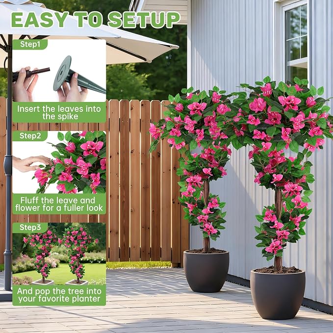 2Pack 4FT Artificial Bougainvillea Topiary Trees for Outdoor, Fake Silk Flowers Plants Bushes with Ground Spike, Faux UV Resistant Shurbs Trees for Outside,Front Porch,Patio,Balcony Decor