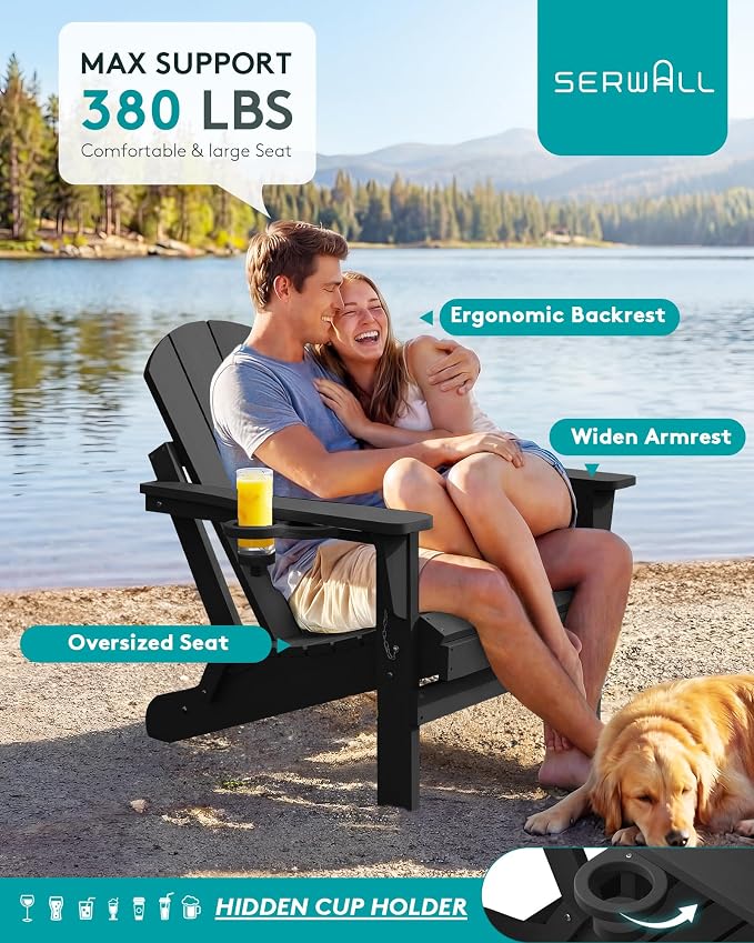 SERWALL Foldable Adirondack Chair Set of 4, All Weather Adirondack Chairs with Cup Holder for Patio Garden Outdoors Fire Pit-Black