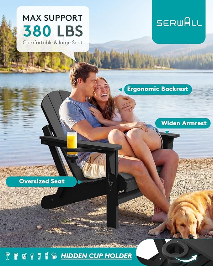 SERWALL Folding Adirondack Chairs Set of 6, Patio Chairs Lawn Chair Outdoor Adirondack Chair with Cup Holder, Weather Resistant for Patio Deck Garden, Backyard, Fire Pit - Black