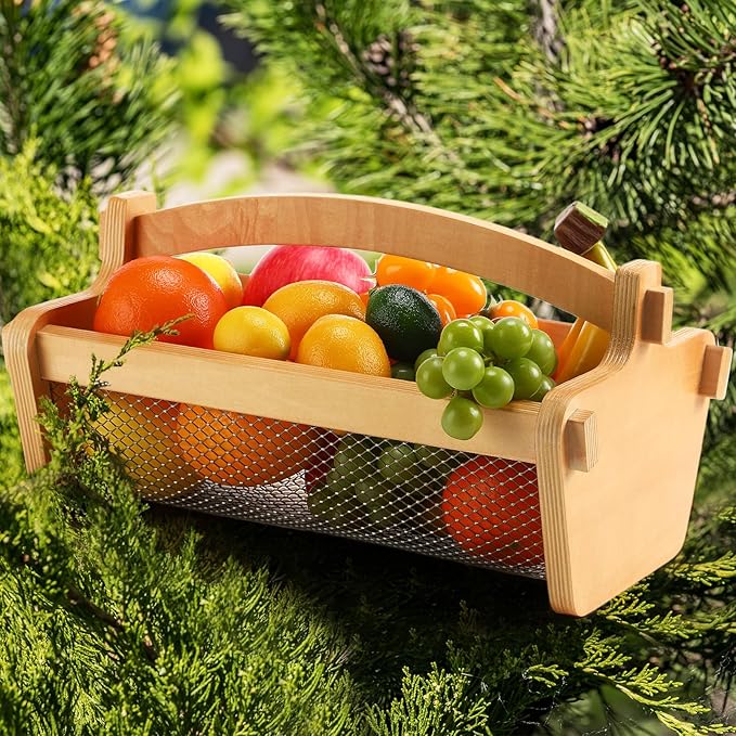 Teenyyou Garden Harvest Basket Mesh Storage with Handle Versatile Gardening Fruits Vegetables Gathering Basket Garden Supply Gardener Gift Spring for Washing Holding(Wood Color,13.4in)