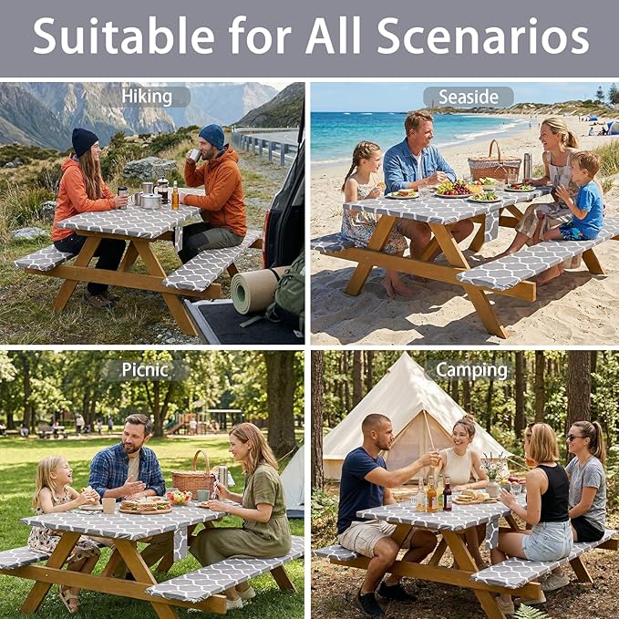 Fitted Waterproof Picnic Table Cover with Bench Covers Elastic Polyester 72In Camping Tablecloths for 6Foot Rectangle Tables Summer Fall Glamping Roadtrip Stuff Festival Vacation Items Gift