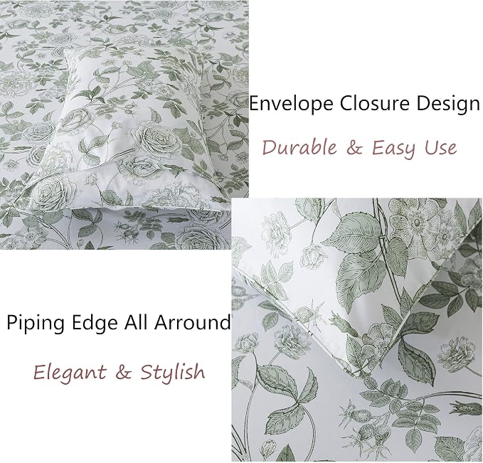 FADFAY Sheets Set Twin XL Vintage White and Green Floral Bedding Elegant Peony Sheets Shabby Rose Farmhouse Bedding 100% Egyptian Cotton 800 Thread Count Deep Pocket Fitted Sheet 4Pcs, Twin XL Size