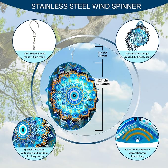 Aoedelyart Wind Spinners Outdoor Mandala Peacock Evil Eye‌,12In Stainless Steel Wind Spinner Hanging Garden Decor,Garden Gifts for Women,Men,Mother,Father,Wind Sculptures 3D Kinetic Yard Art Ornament