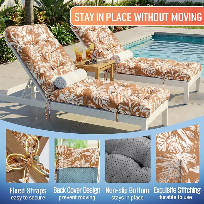 MAGIC ELEPHANT Chaise Lounge Cushion Outdoor, Memory Foam Patio Lounge Chair Cushion with Ties for Outdoor Furniture, 74 x 22 x 4 Inch (Rust Orange Monstera)