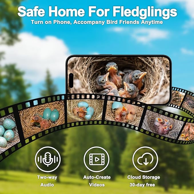Solar Bird House with Camera - 2K HD Wooden Smart Birdnest Watch Birds Nesting & Hatching in Real Time, 2.4G WiFi with Camera Inside AI Identify Bird Behavior, Ideal Gift for Bird Lovers