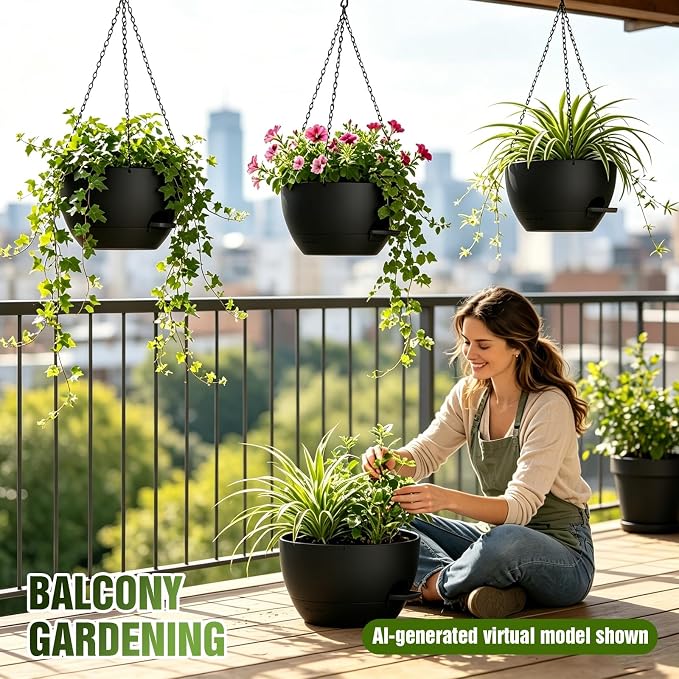 12 Inch Self Watering Hanging Planters, 2 Pack Plastic Plant Pots | Sturdy lightweight pot with side watering lip, drainage holes, snap-on detachable tray & hanging chain for easy care