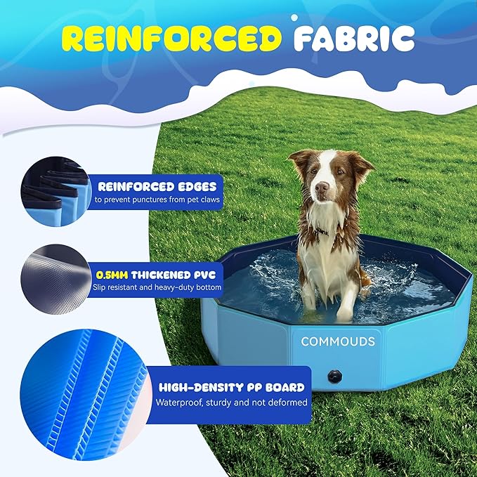 COMMOUDS Foldable Dog Pool, Collapsible Hard Plastic Dog Kiddie Swimming Pool, Portable Pet Bath Tub Wading Pools for Kids and Puppy Small Medium Large Dogs(40inch.D x 8inch.H)