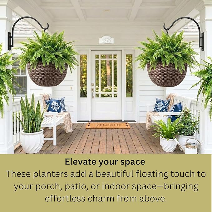 LaLaGreen Bundle- 2 Pack, 24 Inch Metal Planter with Coco Liner + 3 Pack, 11 Inch Self Watering Hanging Basket Plastic Flower Pot with Chain Outdoor Wall Mounted Balcony Fence Patio Porch Modern Decor
