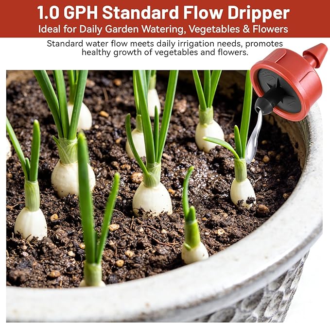 300 PCS 1 GPH Pressure Compensating Drip Irrigation Spot Watering Dripper, Standard Flow Drip Irrigation Emitters Heads for Vegetables Flowers Irrigation Drippers Parts for Outdoor Garden Beds Balcony