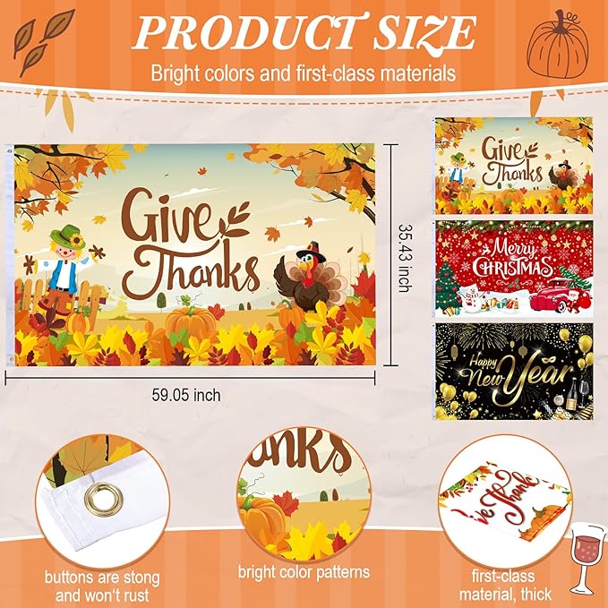 Batiyeer 3 Pcs Seasonal Garden Flag 3 x 5 ft Double Sided Yard Banner for Outside Holiday Flag Banner with Grommets for Outdoor Decorations(Thanksgiving, Christmas, New Year)