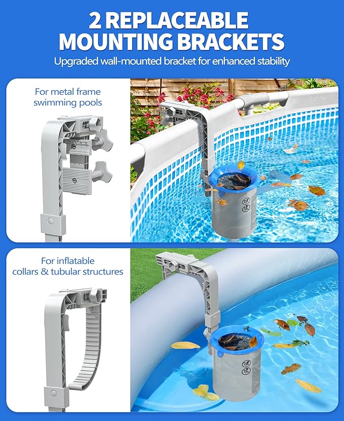 DeeprClean Upgrade Above Ground Pool Skimmer Comes with 3 Socks, Anti-tilt Wall Mount Surface Skimmer, Removable Skimmer Basket, Adjustable Height Bracket, Auto Skimming Pool Surface Leaves - Gray