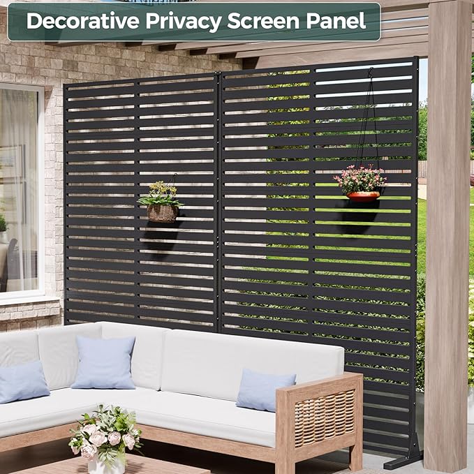 Outdoor Privacy Screen Panel 72" Freestanding Privacy Fence with Stand, HDPE Decorative Privacy Screens with Louvered 6 Panels, Weather-Resistant Panel Fence for Patio, Balcony,Pool, Black