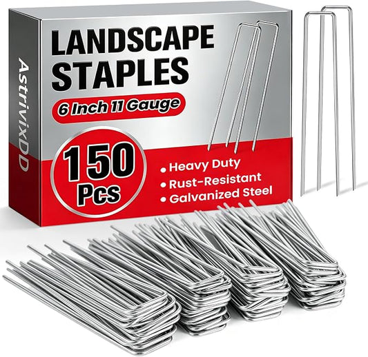150 Pack 6 Inch Landscape Staples, Heavy Duty Anti-Rust Garden Stakes, 11 Gauge Galvanized SOD Landscaping Fabric Pins Garden Staples for Weed Barrier Fabric, Irrigation Tubing, Lawn and Fence